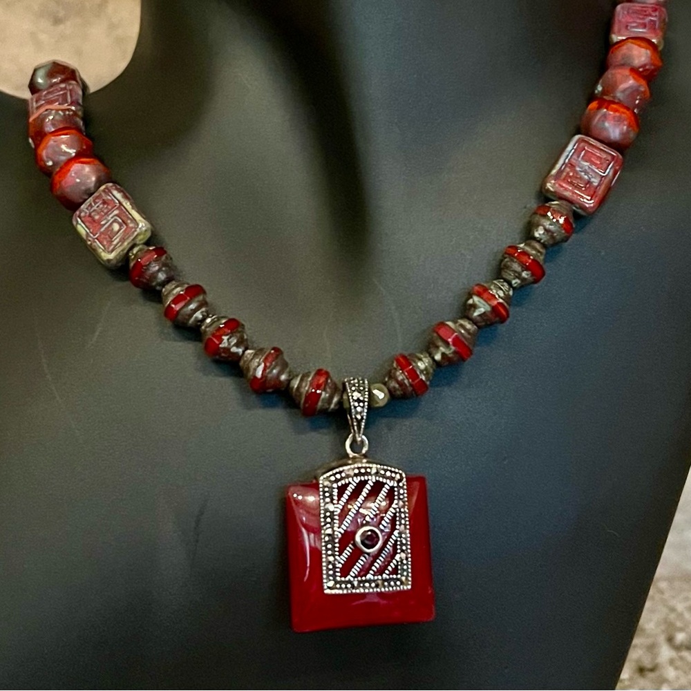 Vintage marcasite, sterling silver, Czech glass (?), and carnelian (?) necklace
